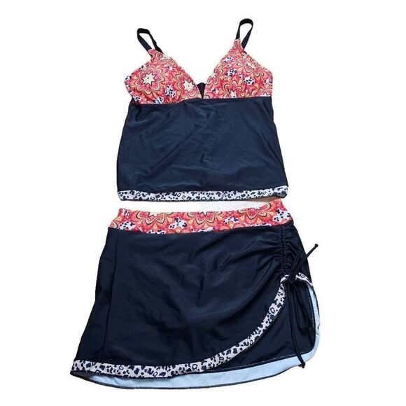 Womens Sz L black multicolor 2pc Swimear top and skirt - Picture 1 of 5